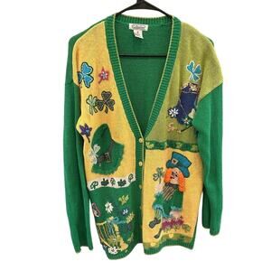Vintage Gallagher Womens Novelty Cardigan Sweater Green St. Patrick's Day Luck M
